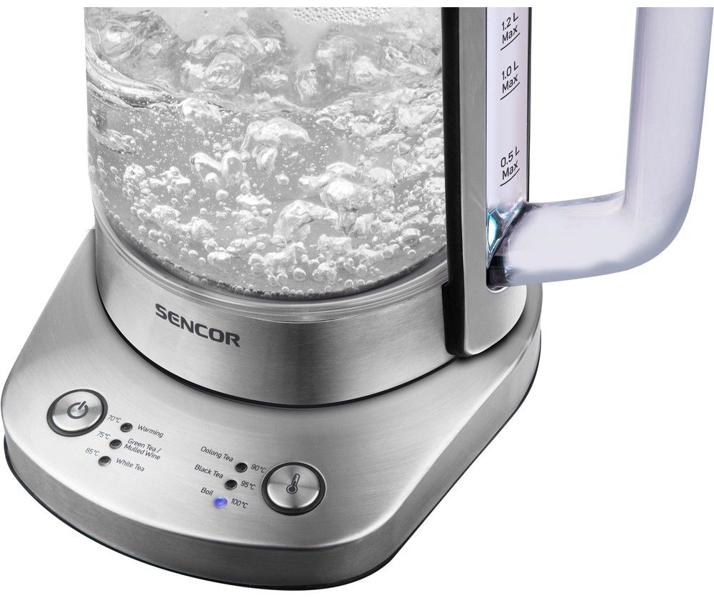 SENCOR Rychlovarná konvice 1,5 l s regulací teploty – sklo/nerez