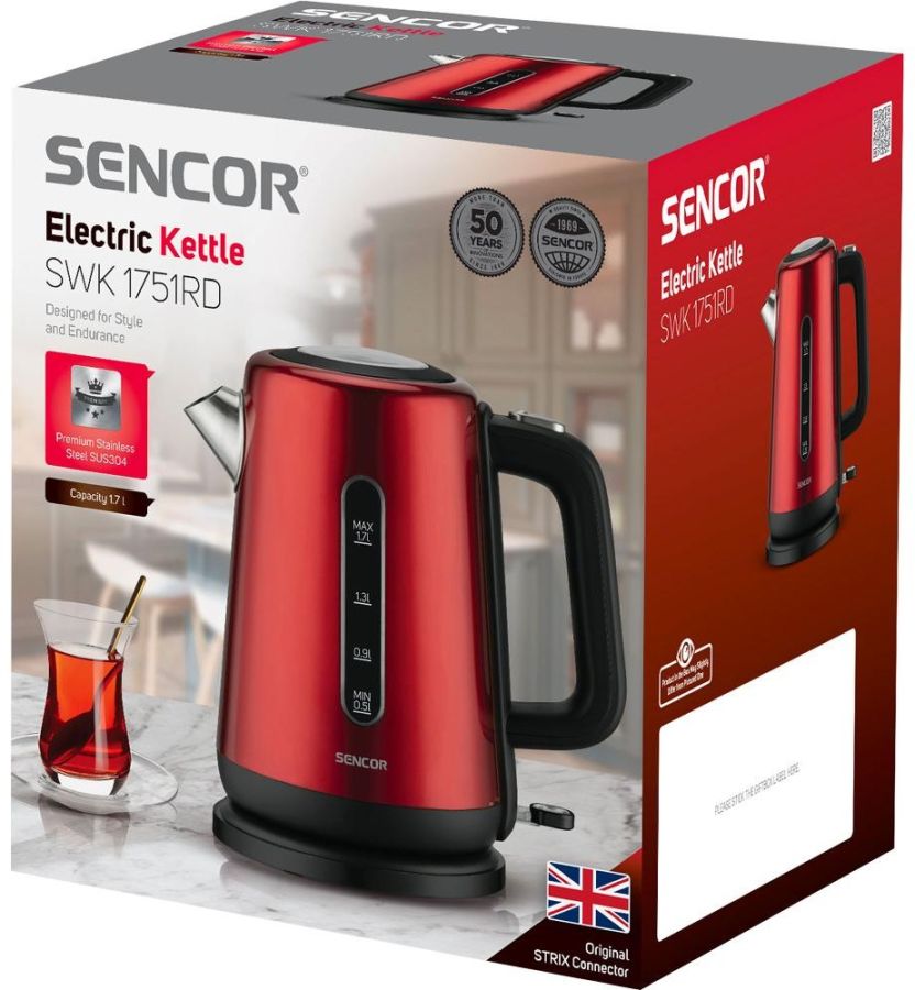 SENCOR Rychlovarná konvice 1,7 l, 2 200 W – červená
